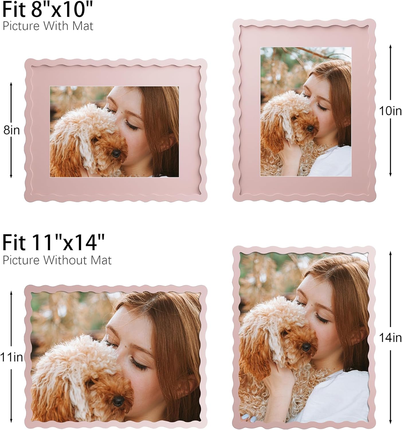 11x14 Picture Frame with Mat for 8x10, Wavy Edge Wooden Real Glass Photo Frame for Tabletop and Wall Hanging, Pink, 1 Pack