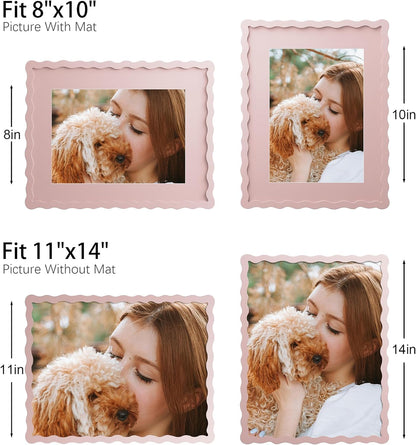 11x14 Picture Frame with Mat for 8x10, Wavy Edge Wooden Real Glass Photo Frame for Tabletop and Wall Hanging, Pink, 1 Pack