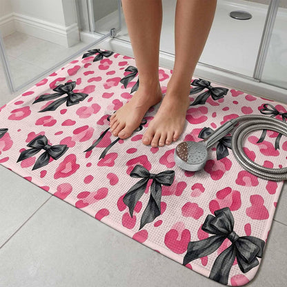 Bathroom Rugs 31.5x47.2 Inch, Black Bow Pink Leopard Non Slip Rugs Washable Low Pile, Minimalist Boho Chic Modern Front Door Mat Entryway Rug with Rubber Backing