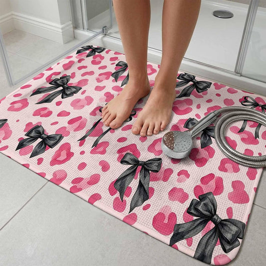 Bathroom Rugs 31.5x47.2 Inch, Black Bow Pink Leopard Non Slip Rugs Washable Low Pile, Minimalist Boho Chic Modern Front Door Mat Entryway Rug with Rubber Backing
