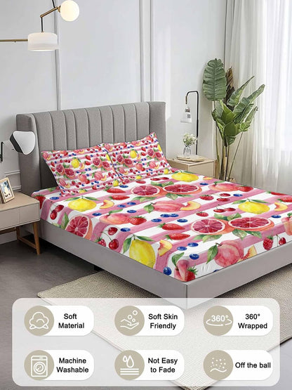 Fitted Sheets Elastic Deep Pocket Bed Sheet Queen Summer Peach Lemon Grapefruit Soft Brushed Microfiber Bed Sheets Set, Blueberry Strawberry Pink Stripe Mattress Cover Up Fitted Sheet Pillowcase