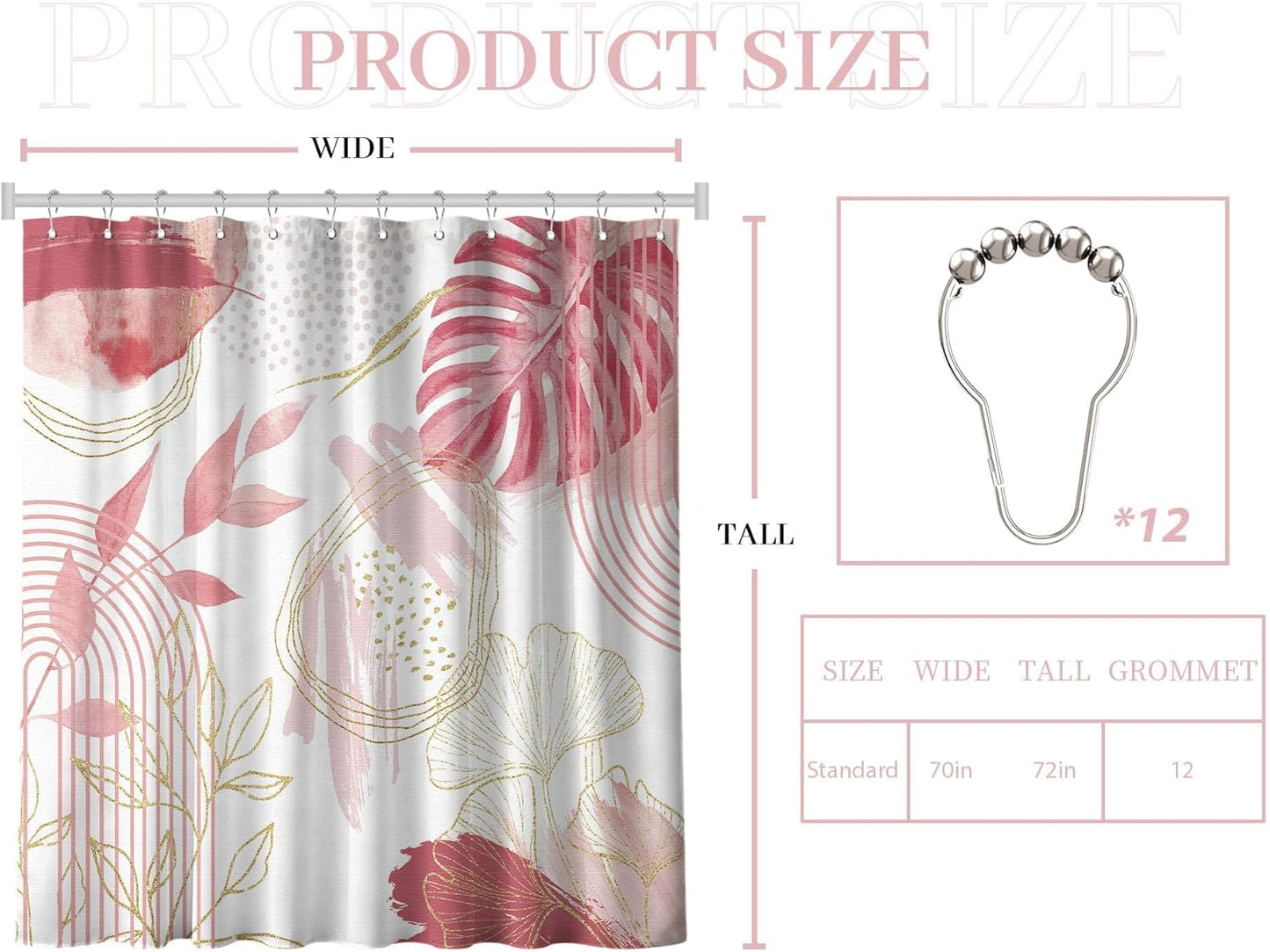 Light Pink and White Shower Curtain Girly Blush Pale Pink Mid Century Modern Shower Curtains for Girls Bathroom Decor, Waterproof Cloth Fabric with Hooks, 70" W x 72" L
