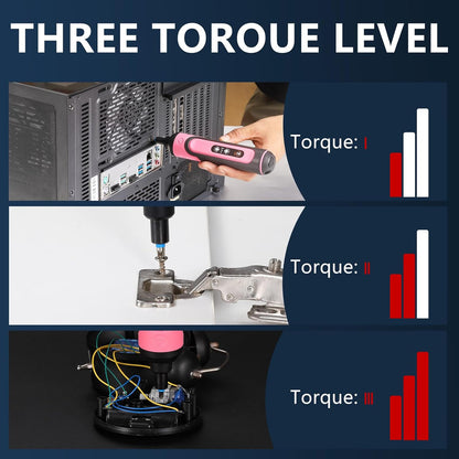Electric Screwdriver Rechargeable, 4V Cordless Screwdriver, with 3 Gear Torque Adjustment and 26 Bits, Extension Rod, USB Charging Cable, Suitable for Furniture or Appliance Repair Pink