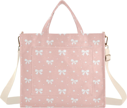 Burbuja Bows on Peach Pink Tote Bag for Women, Corduroy Tote Handbag Crossbody Bag for Shopping Work Travel