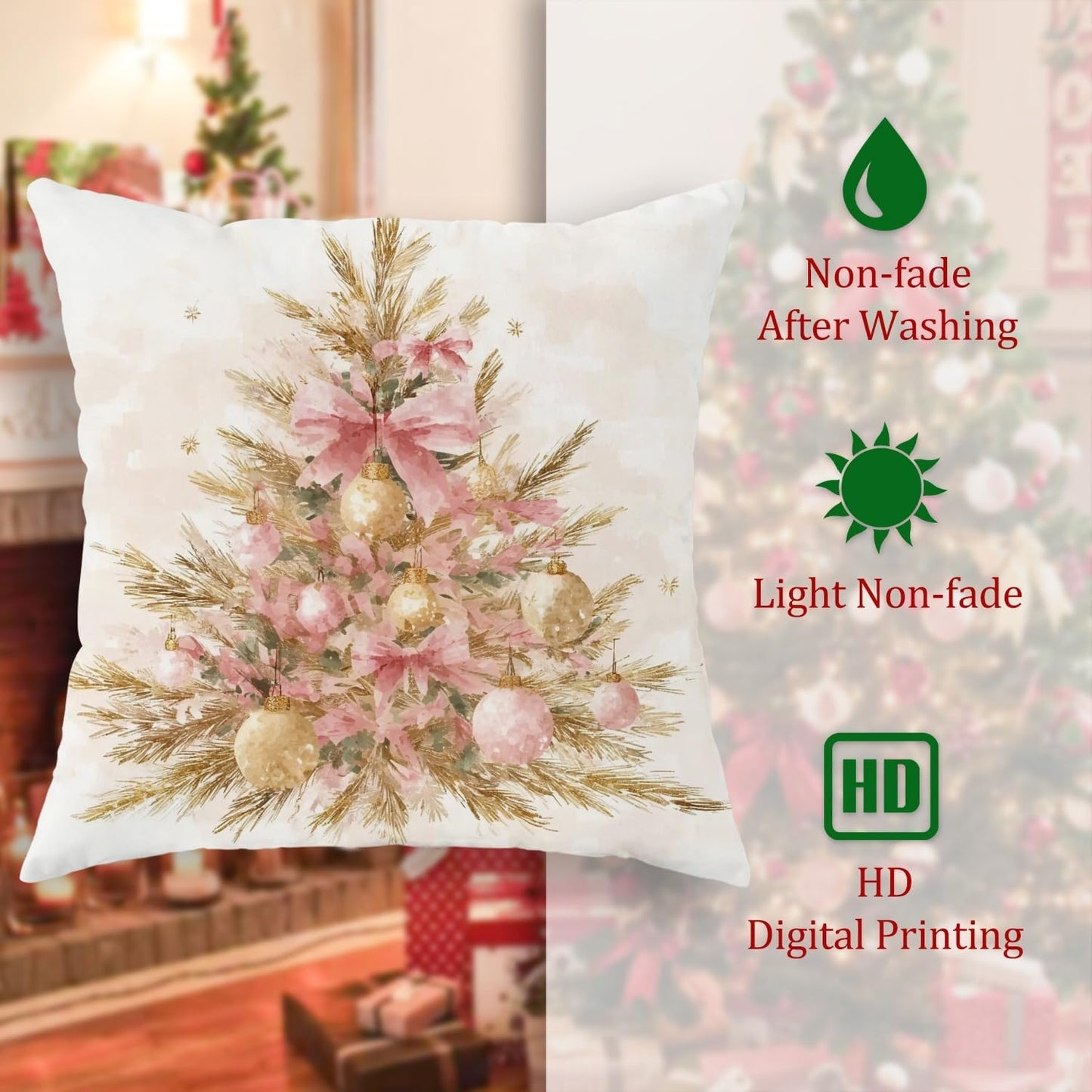 Christmas Tree Throw Pillow Covers Set of 2, Festive Rustic Peach Bow Gold Ornaments Xmas Peach Soft Velvet Washable Cover Decorative Pillows for Home Living Room Bedroom Dorm Couch Decor 18x18 Inch