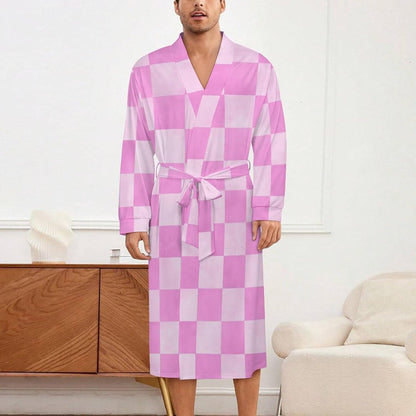 Sleepwear Robe for Women Men - Pink Checker Print Lightweight Kimono Bathrobe with Tie Belt