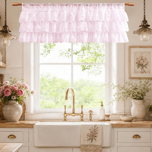 TUDECO Pink Lace Valance Curtain 52x18 Inch | 3-Layer Ruffle Floral, Rod Pocket, Light Filtering Privacy, Kitchen Bathroom Living Room Decor, 1 Panel