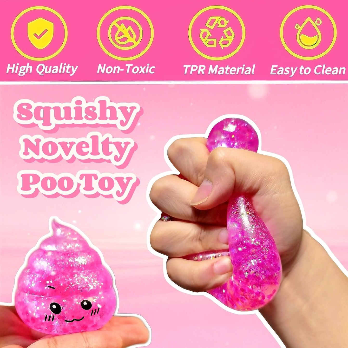Novelty Squishy Poop Sugar Stress Ball Sensory Toys, Kawaii Poop Shape Squishies, Funny Squishy Poo Toy, Glitter Stress Balls for Kids and Adults, Prank Surprise, Gifts, Party Favors (Pink)