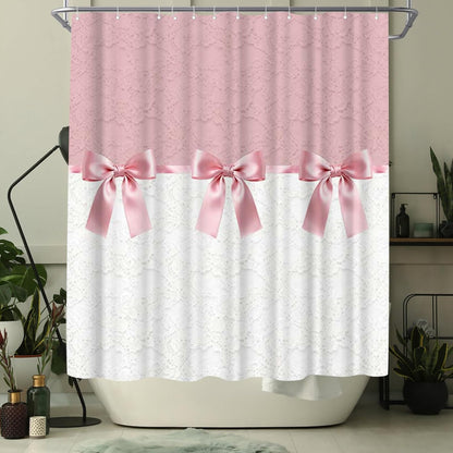 WELMECO Bow Tie Shower Curtain with Printed Lace Pattern Design Bathroom Shower Curtains 72x72inch Polyester Fabric with 12 Hooks for Home Bath Room Decor, Machine Washable (Pink)