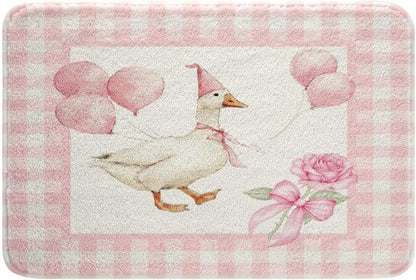 Erosebridal Cute Goose Bathroom Rug Non Slip for Girls - Romantic Bow Rose Balloon Bath Mat for Bathroom Pink White Gingham Door Mat for Bedroom,Coquette Duck Room Decor Entrance Rug 16"x24"