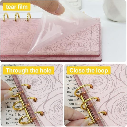 Koqye A6 Pink Acrylic Binder, 6-Ring Clear Cover with Metal Round Rings, Includes 1 Pack Blank Refills for Personal Planner (Pink Rose, A6)