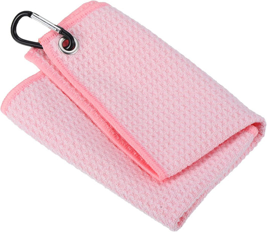 PATIKIL 12"x12" Tri-Fold Golf Towels, Waffle Pattern Towels Soft Fiber Strong Water Absorption with D Clip for Golf Lovers, Pink