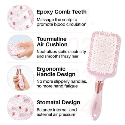 RHOS Paddle Brush for Women & Men - Detangler for Thick, Curly, Long, Wet & Dry Hair - Nylon Bristles Square Cushion Brush for Smoothing and Detangling (1 Pack - Pink)