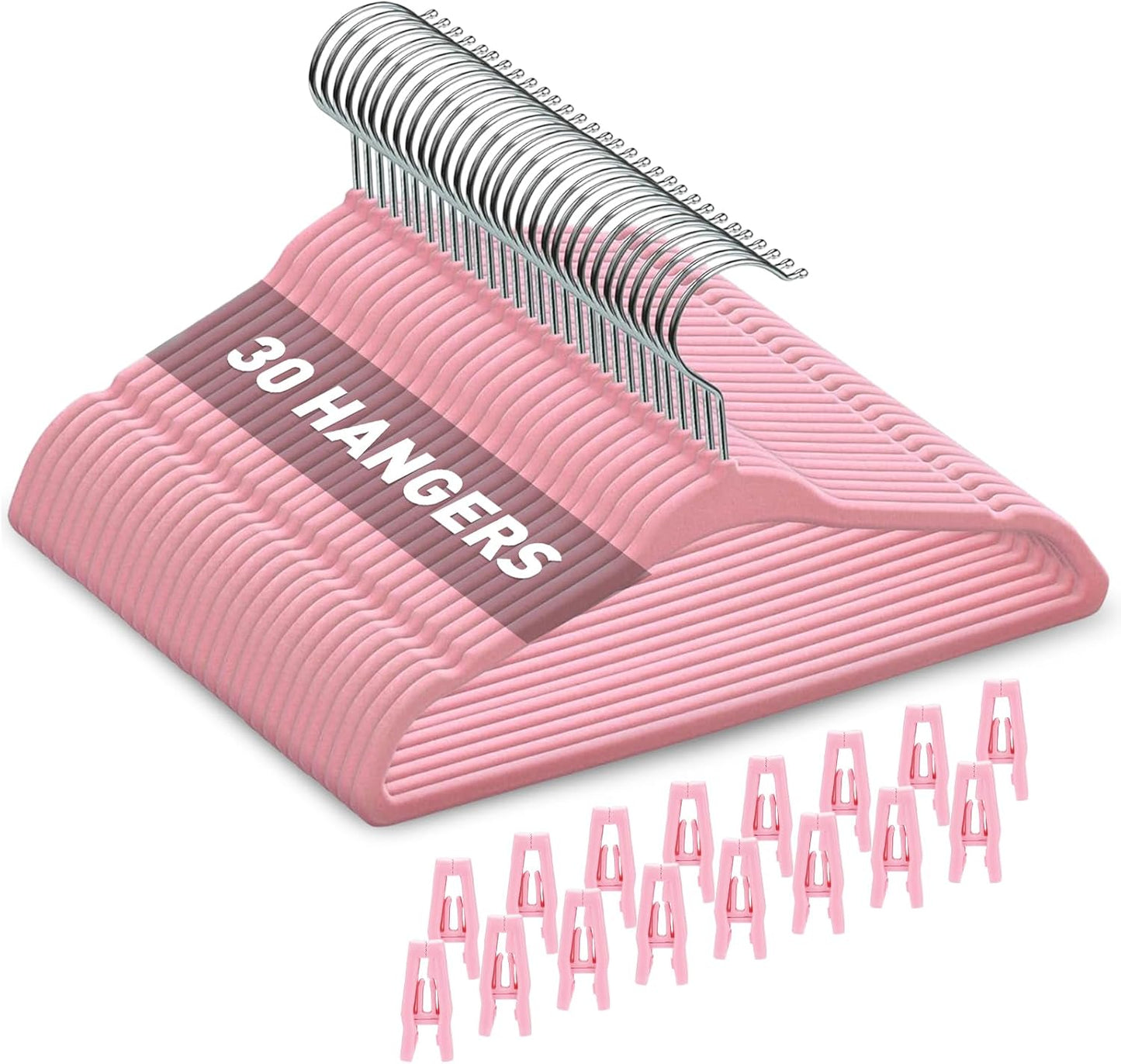 Babyrish Velvet Baby Hangers with Clips (30 Pack) | 11” Ultra-Slim Baby Clothes Hangers | Non-Slip Felt | Space-Saving Nursery & Infant Closet Organizer | Pink