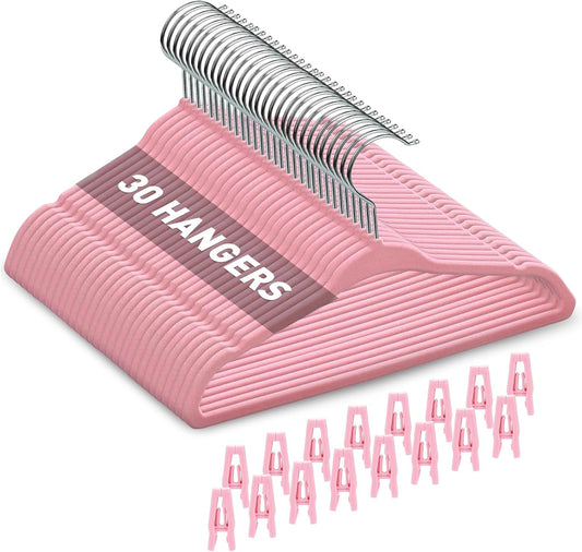 Babyrish Velvet Baby Hangers with Clips (30 Pack) | 11” Ultra-Slim Baby Clothes Hangers | Non-Slip Felt | Space-Saving Nursery & Infant Closet Organizer | Pink