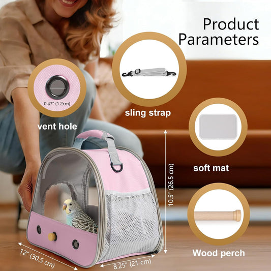 Bird Carrier, Portable Small Bird Parrot Parakeet Carrier with Standing Perch and Stainless Steel Tray, Side Access Window Collapsible (Pink, Clear Windows)