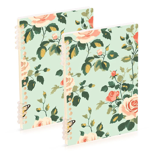 EtherSpher A5 size Spring Pastel Green Peach Flowers orange spiral notebook 8.3" x 5.7", wire-bound school supplies for college 60 sheets for working&classroom 2 pack