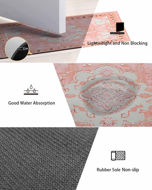 Pink Boho Bath Mat for Tub,Vintage Abstract Tribal Decorative Oriental Non Slip Bathroom Floor Runner Rug Quick Dry & Absorbent Diatomaceous Earth Shower Sink Bedroom Kitchen Doormat 16"x24"