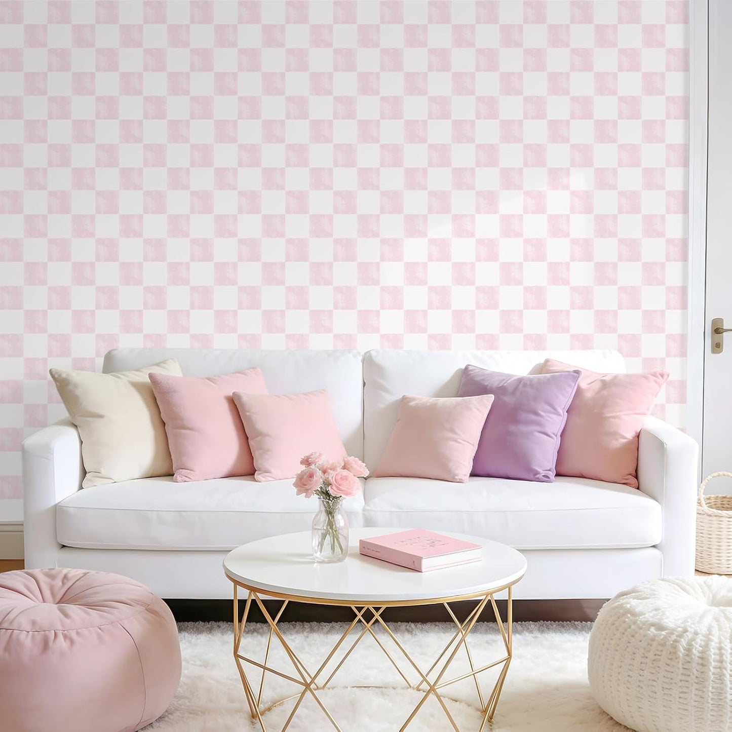 VEELIKE Soft Pink Checkered Peel and Stick Wallpaper 17.7''x118'' Pastel Blush Checkerboard Contact Paper for Cabinets Walls Removable Self Adhesive Girly Wallpaper for Bedroom Nursery Bathroom Vanity