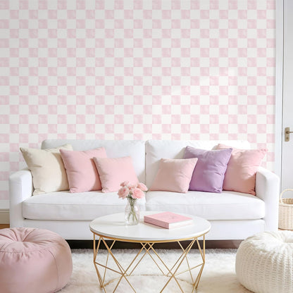VEELIKE Soft Pink Checkered Peel and Stick Wallpaper 17.7''x118'' Pastel Blush Checkerboard Contact Paper for Cabinets Walls Removable Self Adhesive Girly Wallpaper for Bedroom Nursery Bathroom Vanity