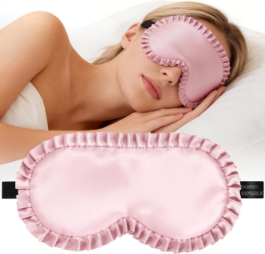 Silk Sleep Mask for Women: 100% Mulberry Silk Eye Mask, Black Back Sleeping Mask for Light Blocking, Soft Wavy Edge Eye Cover and Adjustable Strap, Travel & Sleep Gift (Pink)