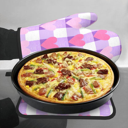 Pink and White Checkered Heart Pattern Oven Mitts and Pot Holders Sets,Heat Resistant Potholder Kitchen Decor for Cooking Baking BBQ, Oven Glove Set