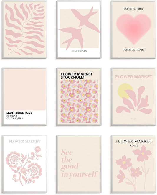 ZYLORI 9 Pcs Pink Preppy Room Decor - 8x10 Unframed Aesthetic Abstract Flower Posters, Pastel Gallery Wall Art, Chic Boho Prints for Teen Girls Bedroom, College Dorm Essentials