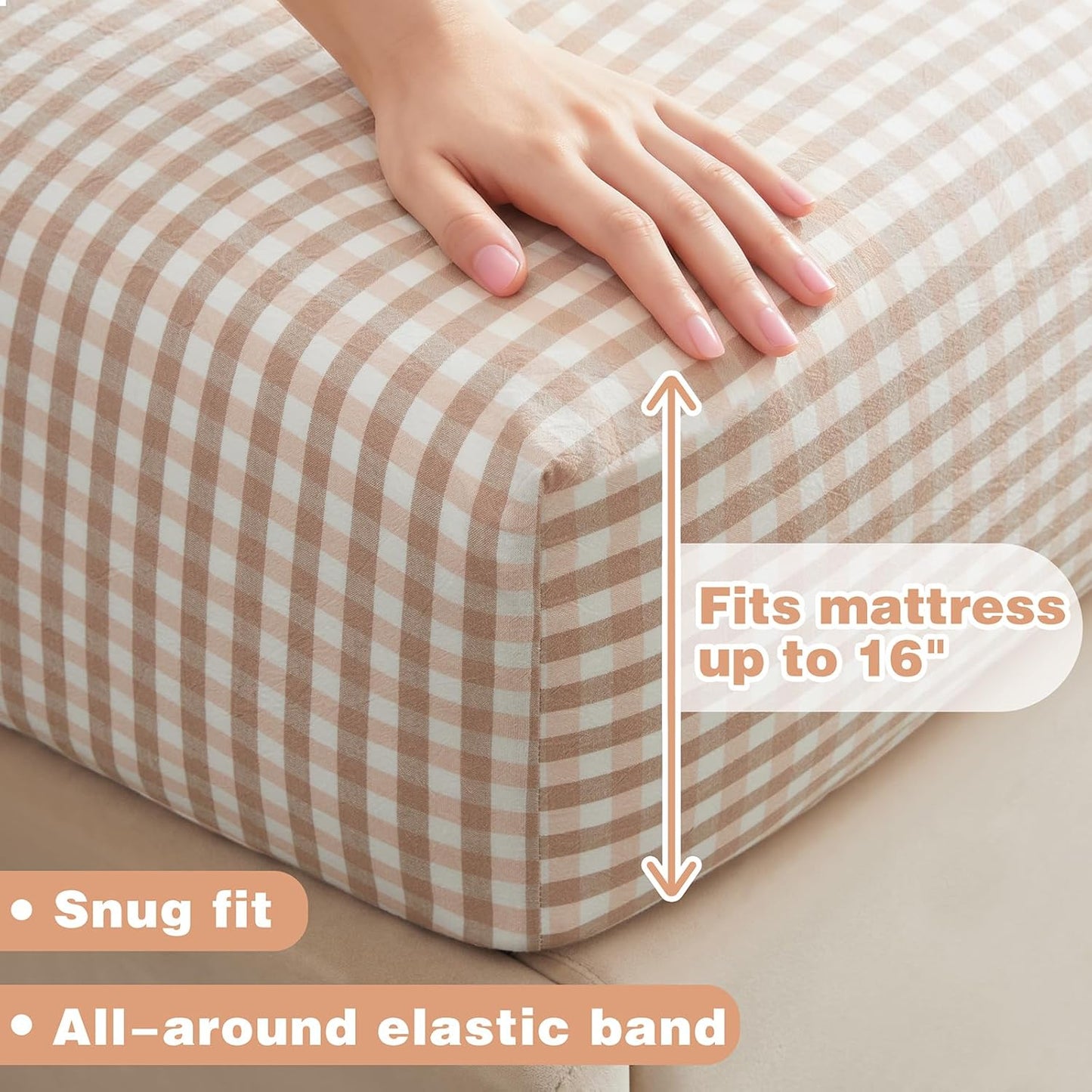 Ruffle Gingham Queen Sheet Set - 4 Piece Light Pink Plaid Cotton Bed Sheets Queen Size - 16 Inch Deep Pocket Checkered Ruffled Sheets Farmhouse Decor - Linen-Feel & Breathable