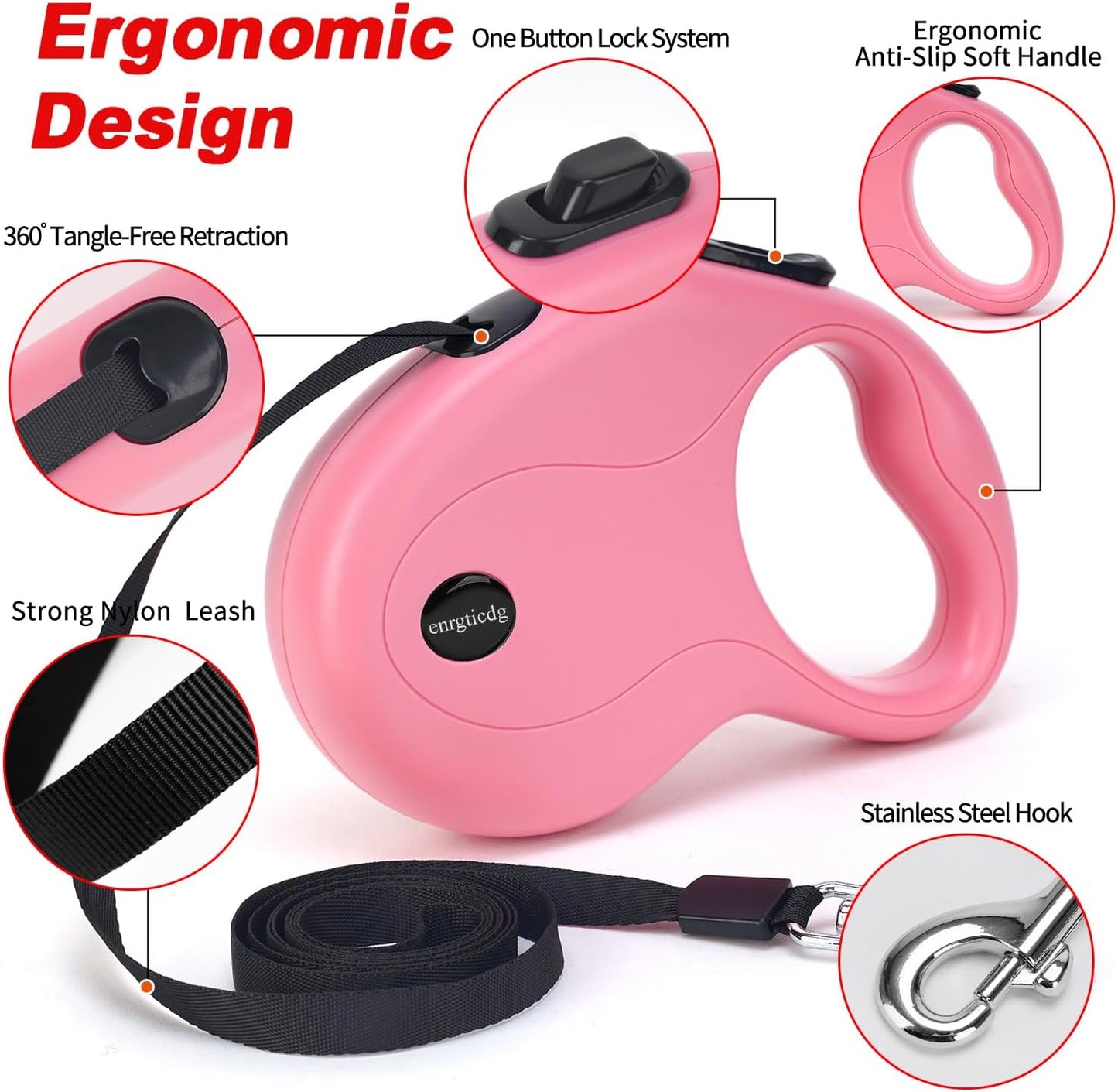 enrgticdg 16Ft Retractable Dog Leash,Light Weight Leash for Small to Medium Dogs/Cats Up to 50lbs,Stainless Steel Spring Strong Nylon Tape, Tangle Free, One-Handed Brake.(Pink-Black)
