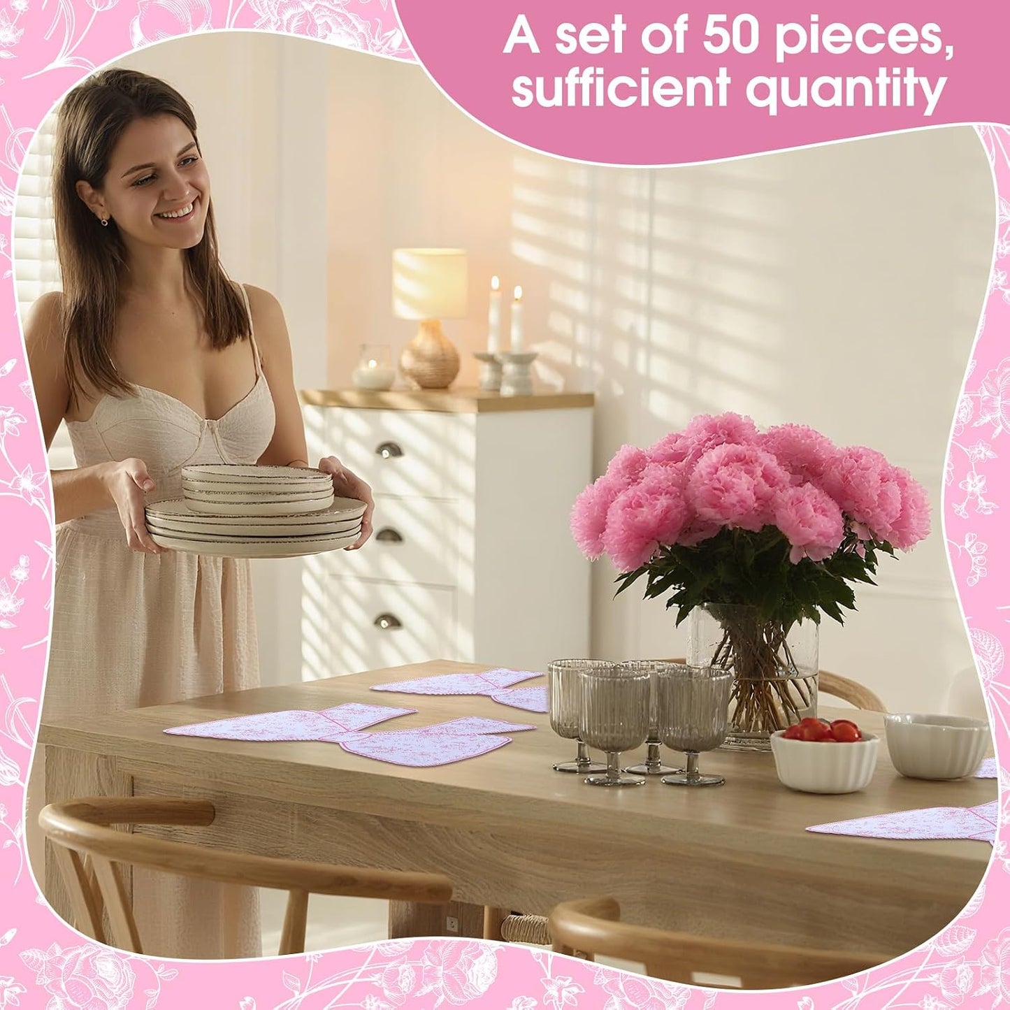 Tinlade 50 Pcs Disposable Pink Bow Placemats Christmas 8.94 x 13.78 Inches Coquette Bow Table Mats Decorative Paper Placemats for Birthday Bridal Wedding Coquette Party Table Decoration
