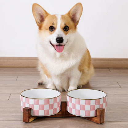 Ceramic Dog Bowls for Medium Dogs, 3.5 Cups Checkered Dog Food and Water Bowl with Acacia Wood Stand, Non-Slip Anti-Tip Elevated Feeding Station, Pink and White