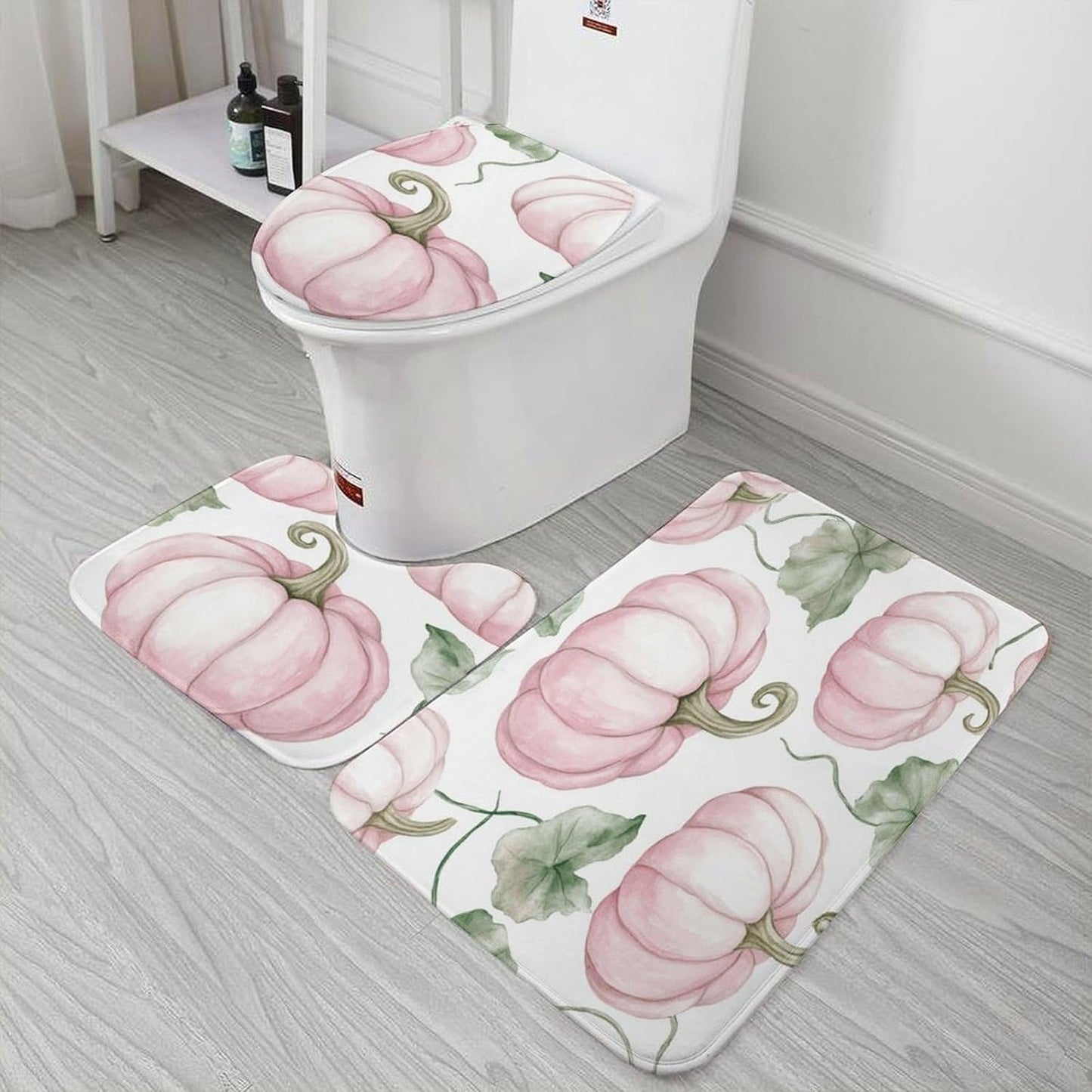 3 Pieces Bathroom Rug Set Light Pink Pumpkins Bath Rug and U-Shape Contoured Toilet Mat & Toilet Lid Cover Mat Farmhouse Thanksgiving Fall Bath Carpet Bath Mats 20"x32"