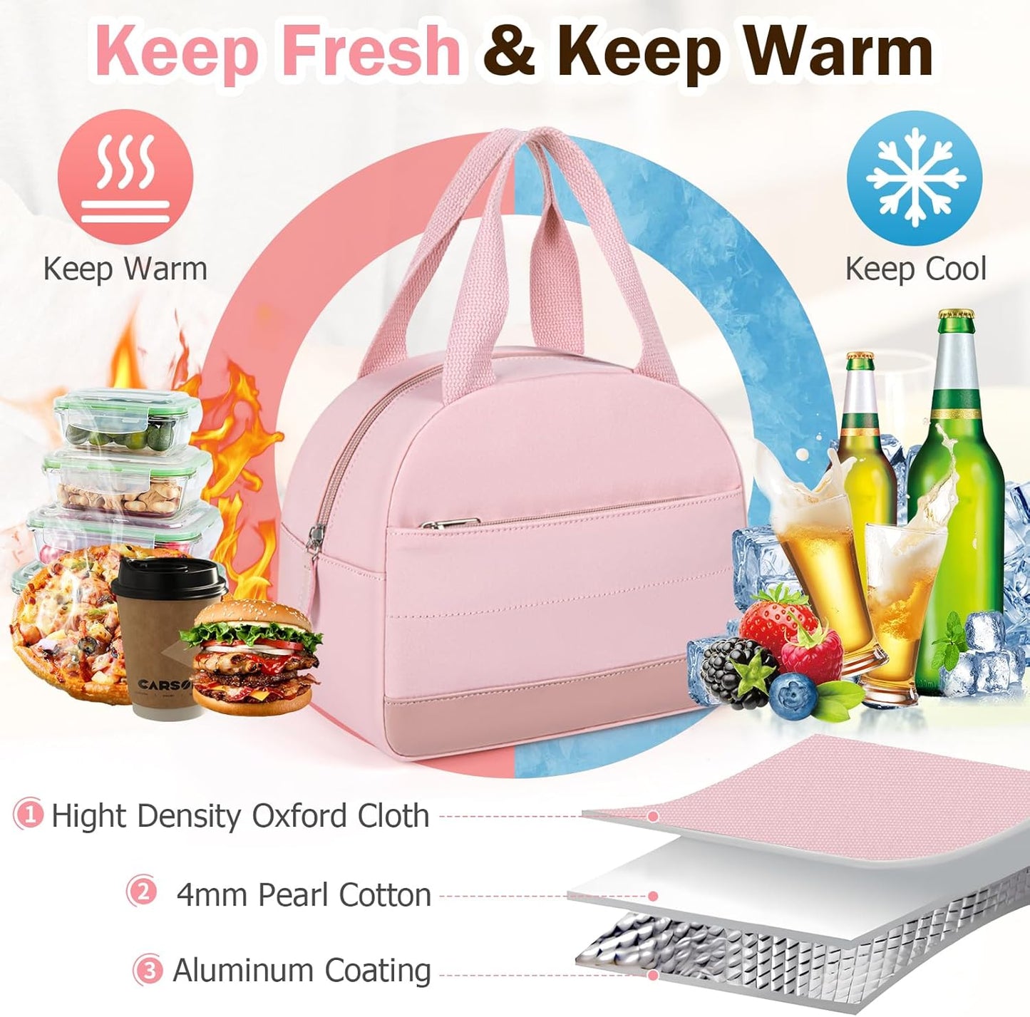 Lunch Box Lunch Bag for Women Men, Leakproof, Insulated Lunch Box Tote with Large Capacity, Lunch Container for Work/Office (M-Pink)