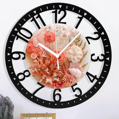 Metal Wall Clock for Living Room -10" Pink Coral Rose Seashell Arrangement Silent Non Ticking,Battery Operated, Antique Wood Clocks for Farmhouse,Dining Room,Bedroom,Kitchen Clock Wall Decor- Arabic N