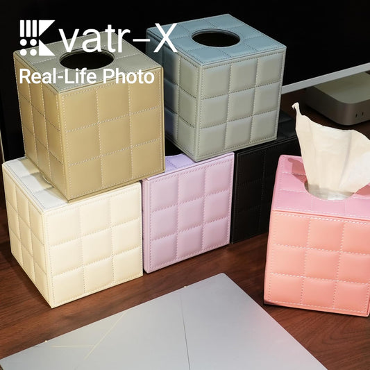Square Leather Tissue Box Cover, Hand MDF Inner Frame Tissue Holder (Pink & 5.3 x 5.3 x 5.9 inch)