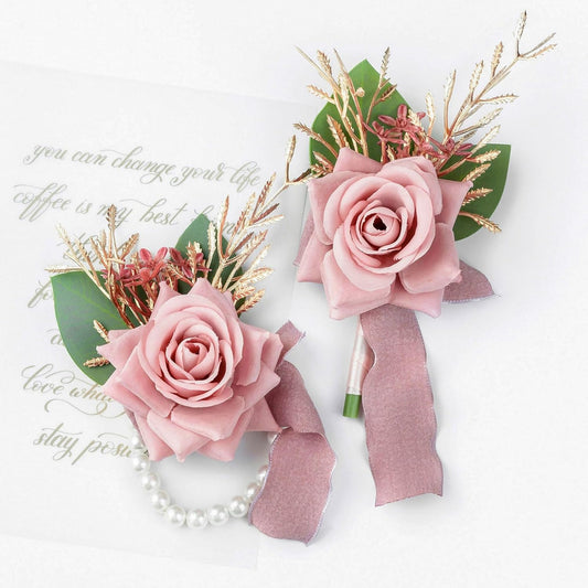 Wrist Corsage Wristlet and Boutonniere Set for Wedding Bridesmaid Mother Grandmother for Bridal Shower Wedding Artificial Roses Flower Prom Set of 2 (Pink)