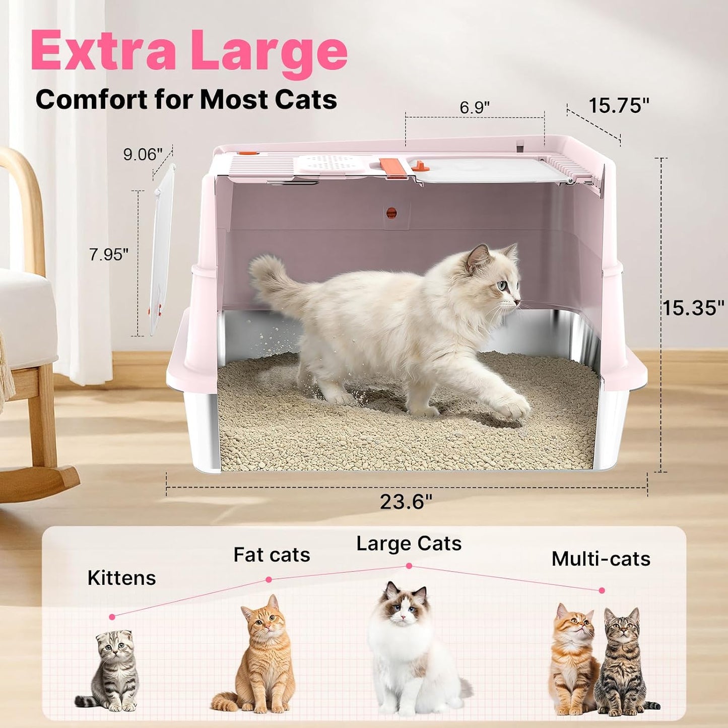 Stainless Steel Litter Box with Flip Lid, XL Extra Large Cat Litter Box with High Sided Top Entry Design, Anti-Leakage Enclosed Metal Litterbox for Big Cats, with Handle, Mat, Pedal & Scoop, Pink