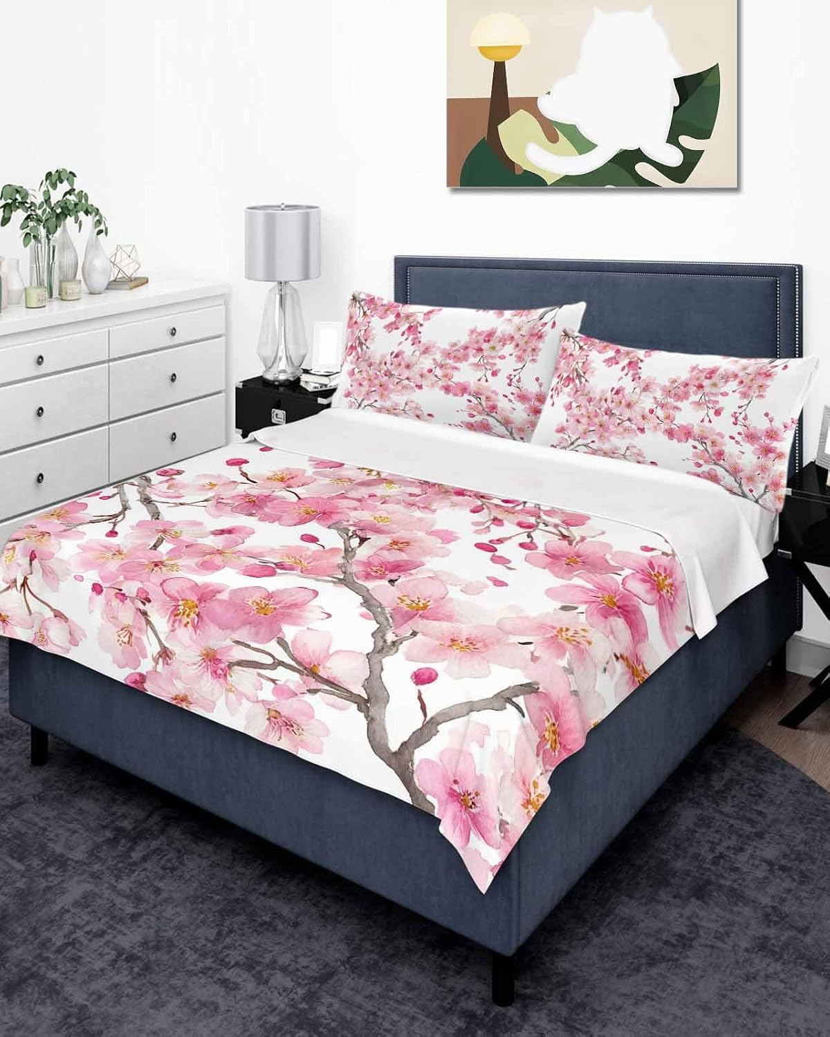 Full Size Flat Sheet Only, Spring Peach Flowers Soft Brushed Microfiber Bed Sheets, Pink Botanical Floral Leaves Branch Hotel Quality Breathable Bedding Top Sheet, Easy Care, 81"x96"