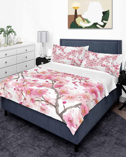 Full Size Flat Sheet Only, Spring Peach Flowers Soft Brushed Microfiber Bed Sheets, Pink Botanical Floral Leaves Branch Hotel Quality Breathable Bedding Top Sheet, Easy Care, 81"x96"