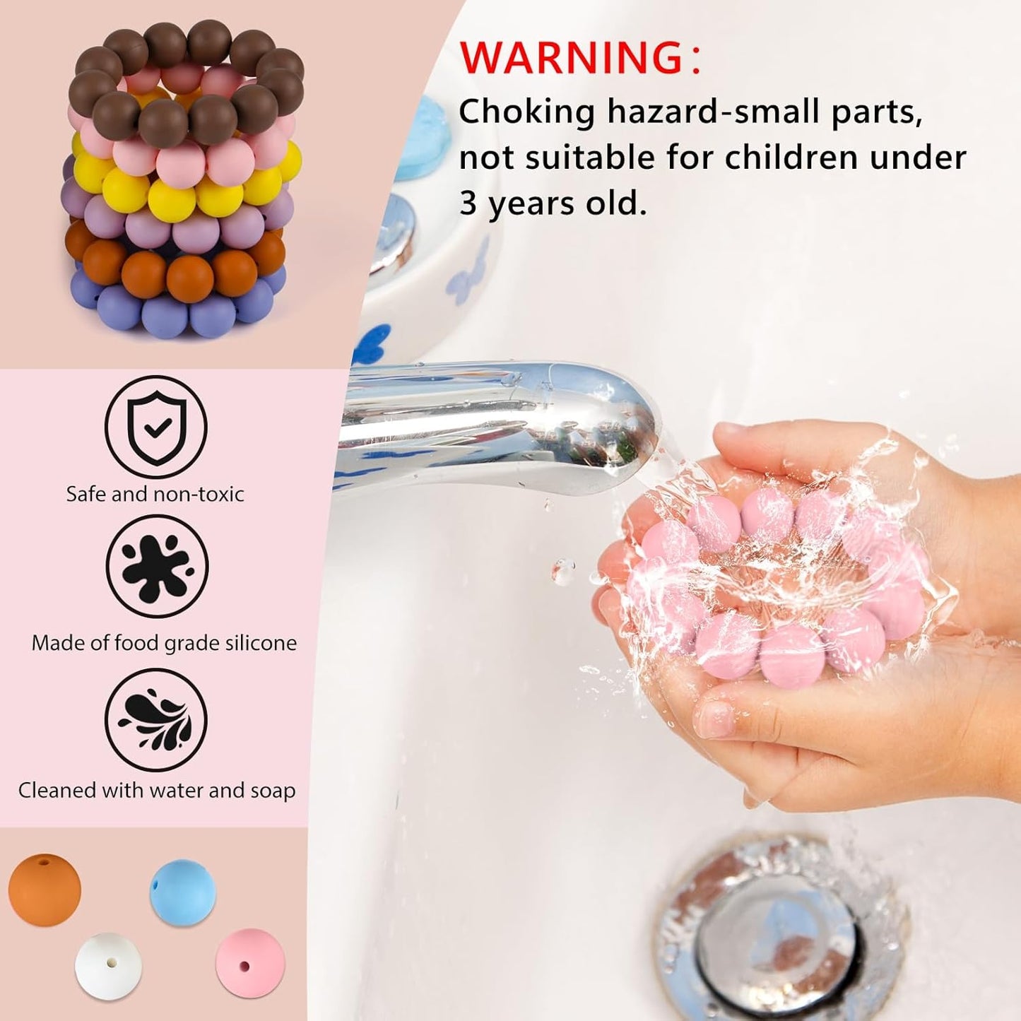 ASTARON 100 Pcs 15mm Silicone Beads for Keychain Making, Peach-Pink Black Leopard Silicone Round Beads Bulk for Bracelets Pens Crafts Supplies