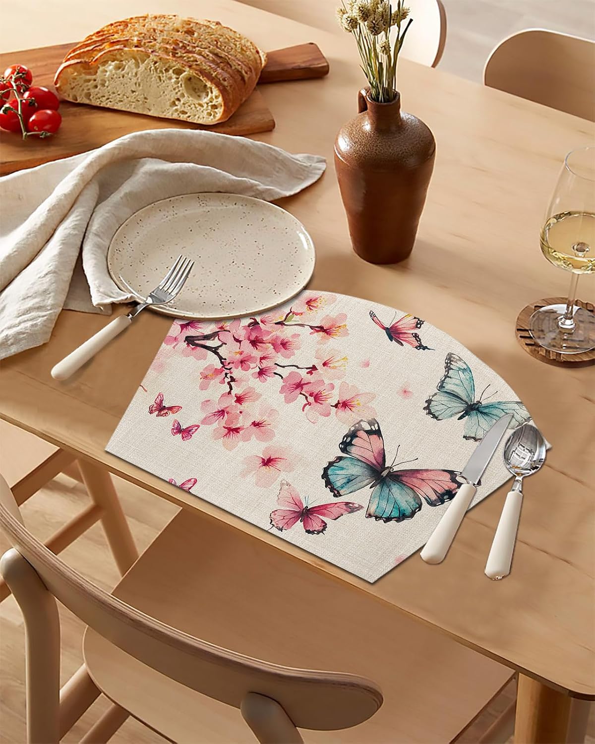 Round Table Placemats Set of 2, Retro Peach Blossom Butterfly Wedge Table Mat Washable Placemat, Animal Plants on Linen Fan Shape Place Mats for Kitchen Indoor Outdoor