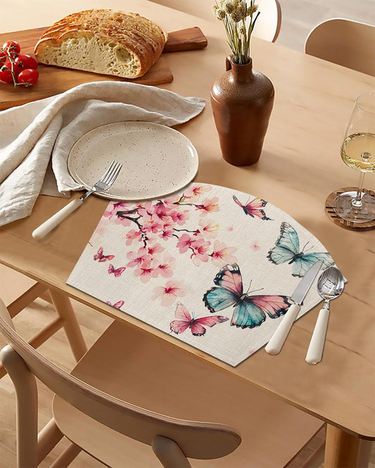 Round Table Placemats Set of 2, Retro Peach Blossom Butterfly Wedge Table Mat Washable Placemat, Animal Plants on Linen Fan Shape Place Mats for Kitchen Indoor Outdoor