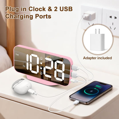 ALANAS Pink Mirror Digital Alarm Clock for Girls & Teens, Dual Alarms, Snooze, Adjustable Brightness, 2 USB Ports, Weekday Display, Cute Bedside Clock for Kids, Bedroom, Desk, Dorm, Gift Idea