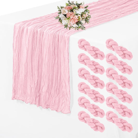 12 Pack Cheesecloth Table Runner 35 x 70 inch Long Boho Cheese Cloth Gauze Table Runners Semi Sheer Table Runner for Wedding Decor, Bridal Shower, Birthday Party (Light Pink)