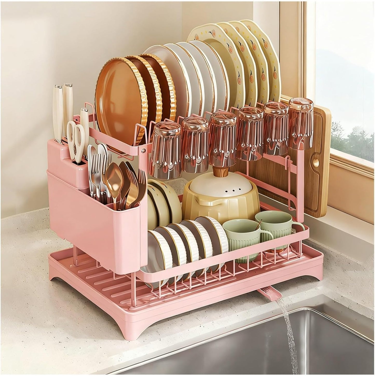 Kitchen Dish Drying Rack, 2 Tier Multifunctional Dish Drainer with Drainboard, Utensil Holder, Cup Holder, Kitchen Countertop Organizer, Multi-Use Utensil Organizer(Pink)