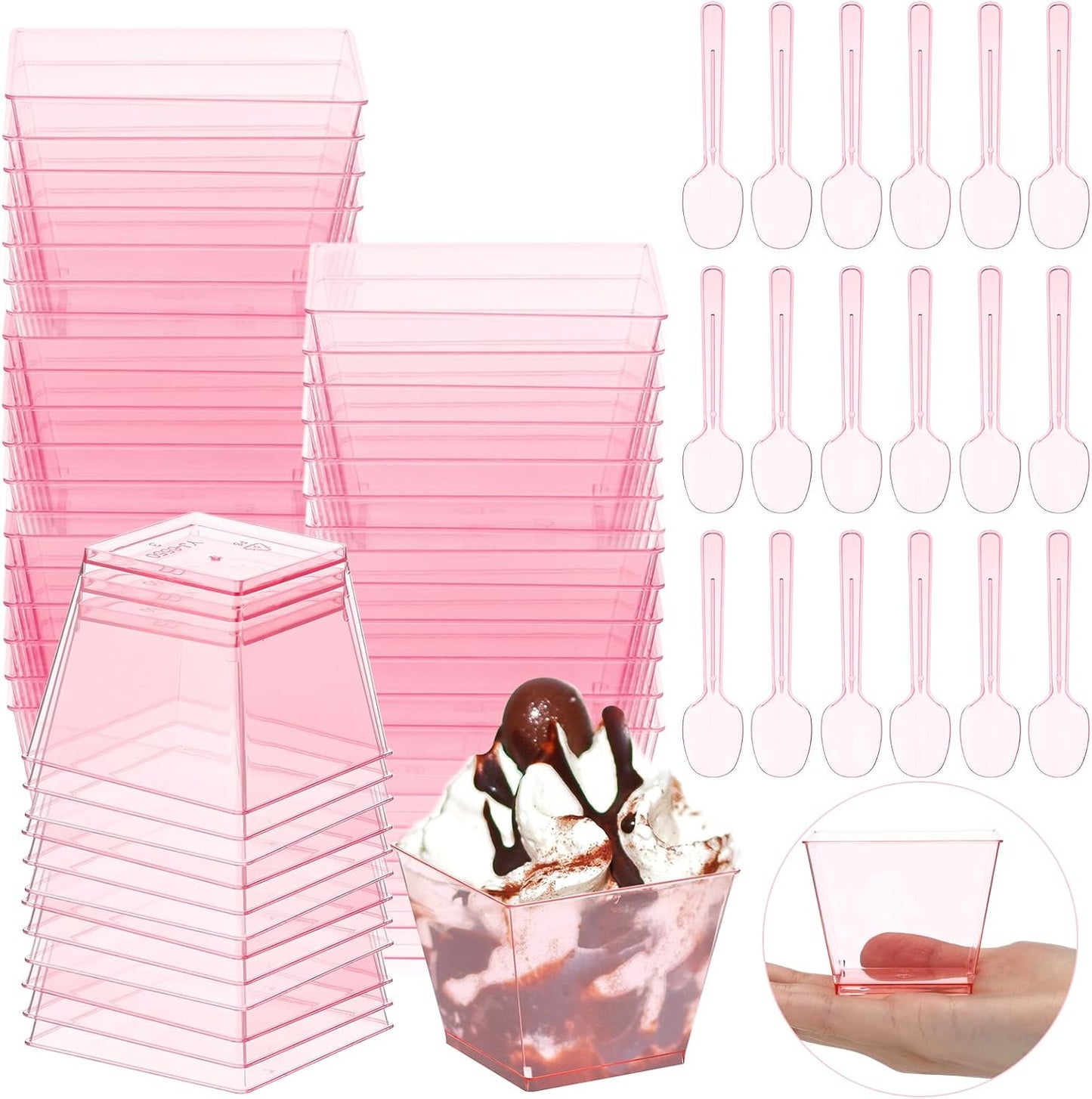 Mifoci 50 Sets Dessert Cups with Spoons, Square Disposable Plastic Parfait Bowl, Elegant Clear Dessert Cups for Fruit Ice Cream for Wedding Bridal Shower Baby Shower Graduation Birthday (3.5 oz,Pink)