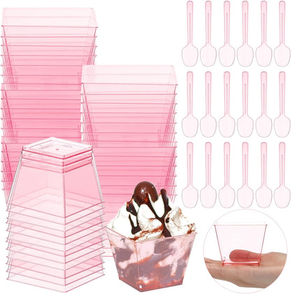 Mifoci 50 Sets Dessert Cups with Spoons, Square Disposable Plastic Parfait Bowl, Elegant Clear Dessert Cups for Fruit Ice Cream for Wedding Bridal Shower Baby Shower Graduation Birthday (3.5 oz,Pink)