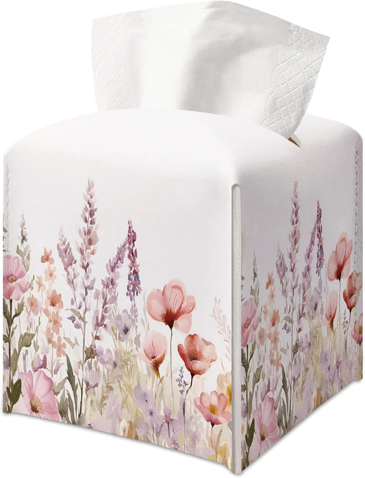 Spring Pink Tissue Box Cover — Pink Watercolor Flower Floral Decorative Square Faux Leather Tissue Box Holder Dispenser, Spring Accessories for Bathroom Car Home