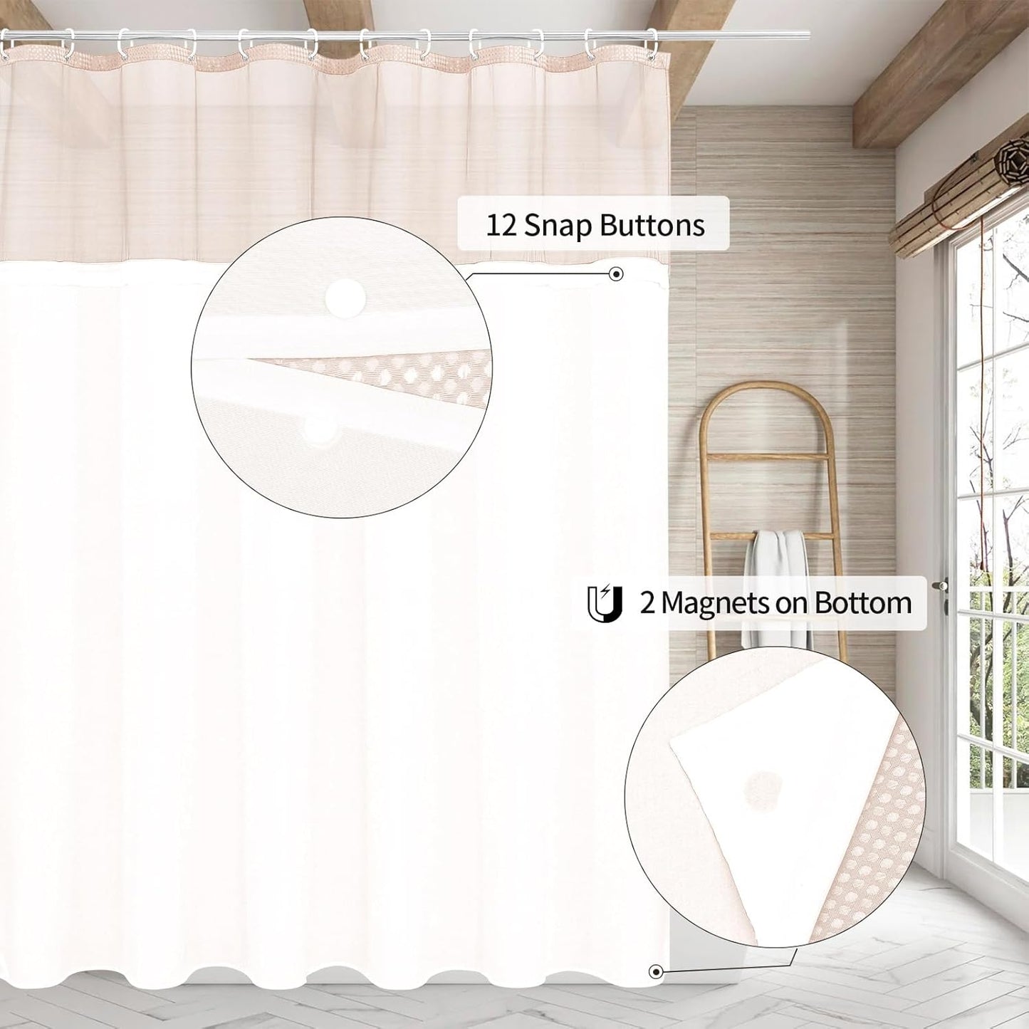 MitoVilla Pink Waffle Shower Curtain with Snap-in Liner, Modern Waffle Weave Fabric Shower Curtain for Luxury Hotel & Spa Bathroom Decor, 72 x 72, Blush Pink