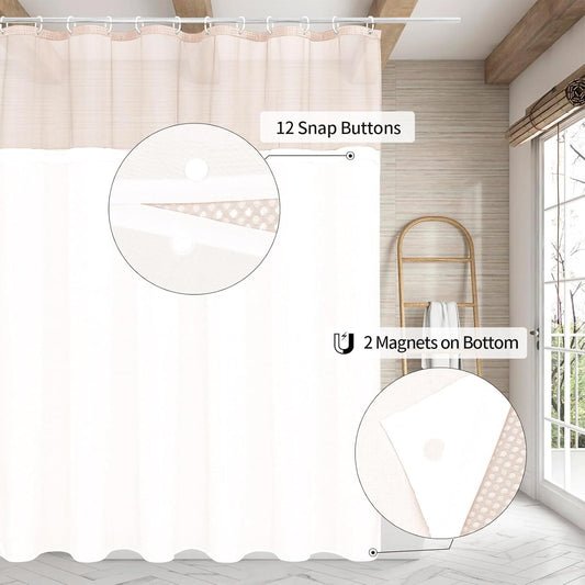 MitoVilla Pink Waffle Shower Curtain with Snap-in Liner, Modern Waffle Weave Fabric Shower Curtain for Luxury Hotel & Spa Bathroom Decor, 72 x 72, Blush Pink